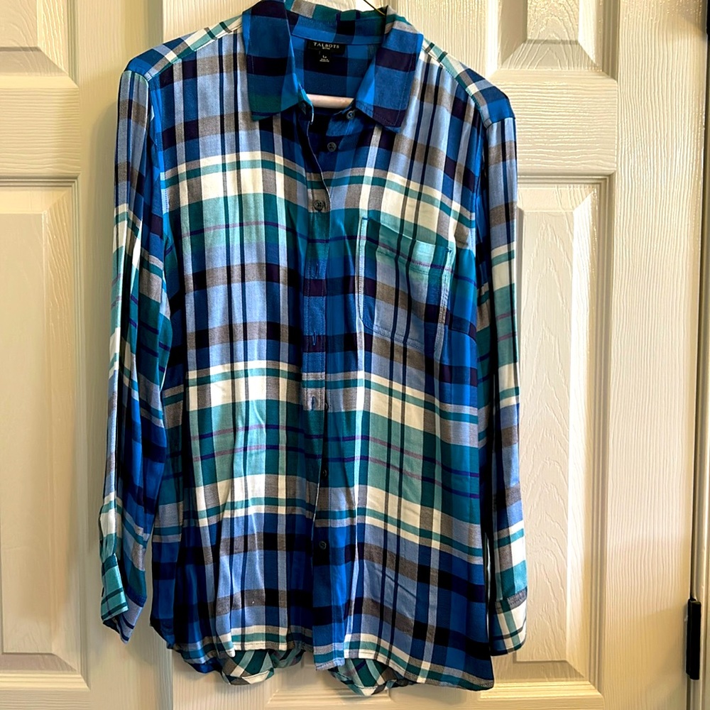 Talbots petite large plaid blouse